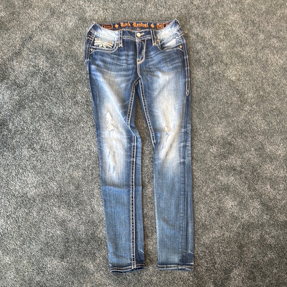 Rock Revival Blue Skinny Jeans with Distressed Vintage Look - Picture 4 of 4